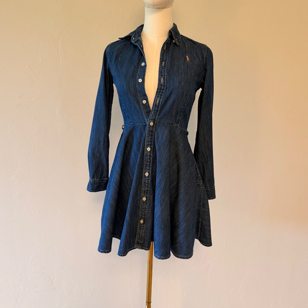 Polo Ralph Lauren Girls Denim Shirt Dress Indigo Blue Button Front Size 12